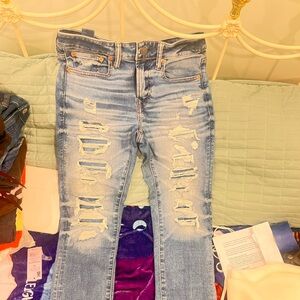 Express Light Blue Distressed Straight Leg Jeans